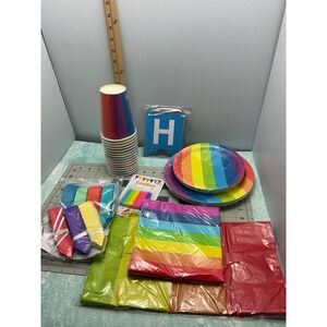 Oojami Rainbow Birthday Party Pack Cups Plates Napkins Banner Candles Pompoms